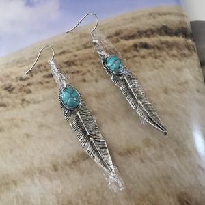 XZP Bohemian Feather Dangle Earrings with Blue Magnesite are New with Box!